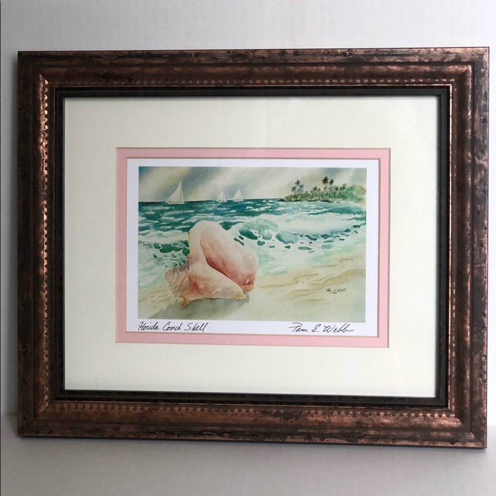 Conch Shell & Beach Print-Copper-toned Wood Frame